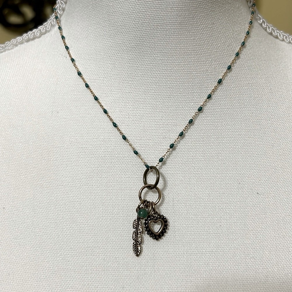 Boho gold 16” necklace with green beads & charms.  Nickel free.